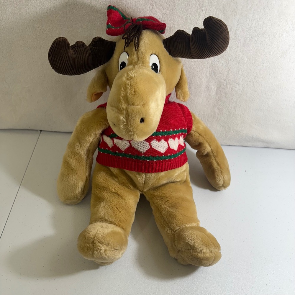 VTG Adorable Moose‎ Girl Holiday Sweater Bow Antlers Stuffed Animal  handmade